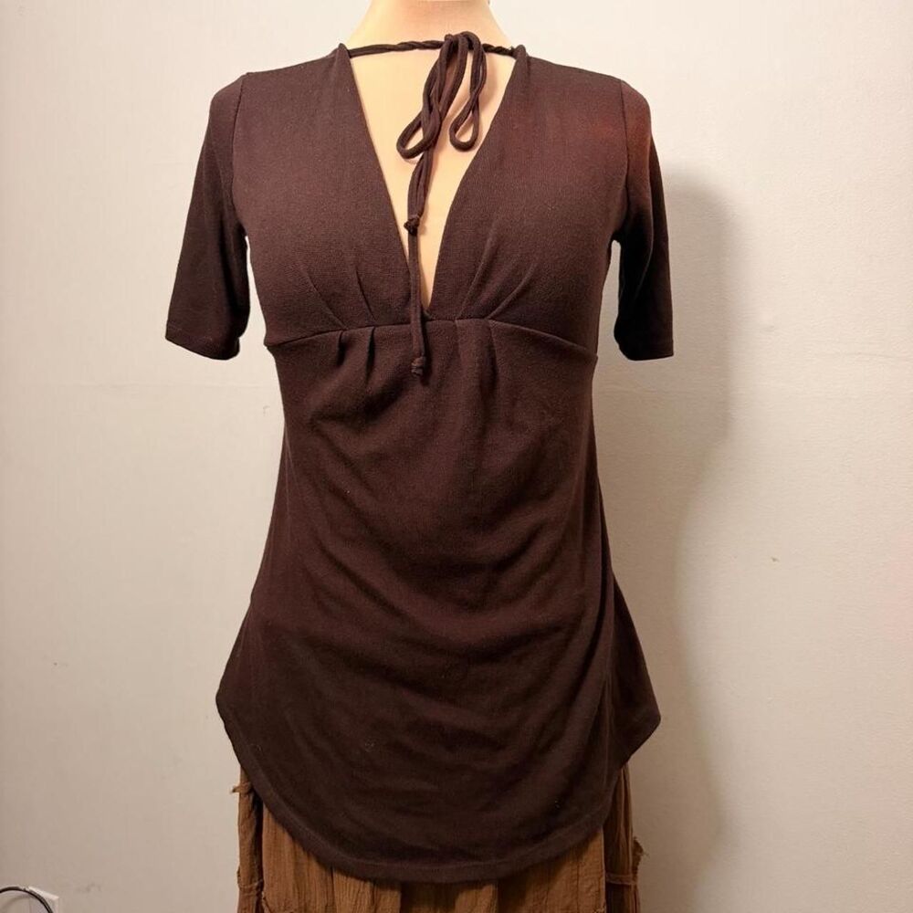 Y2K 2000s Cottagecore Discreet Brown Deep V Tie Neck Knit Babydoll Top Size L